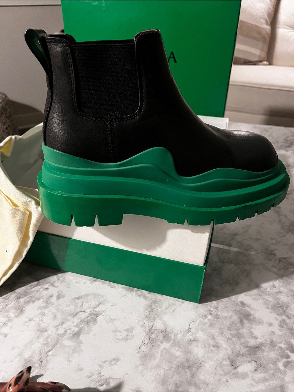 Bottega Veneta Black Leather Chelsea Boots with Green Platform Sole